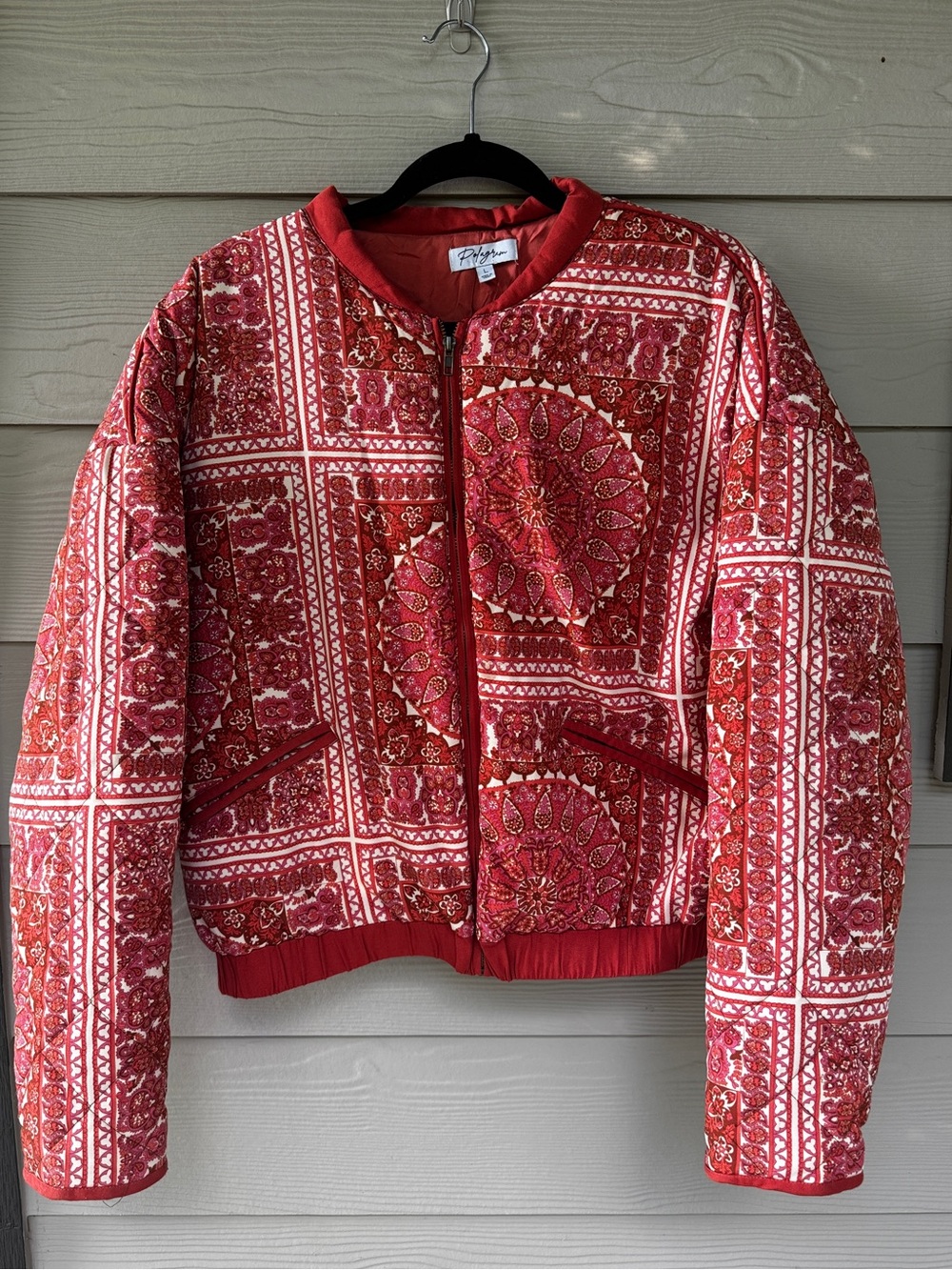 Polygram Quilted Bomber Jacket Womens Large Red Paisley Boho Festival Zip Up